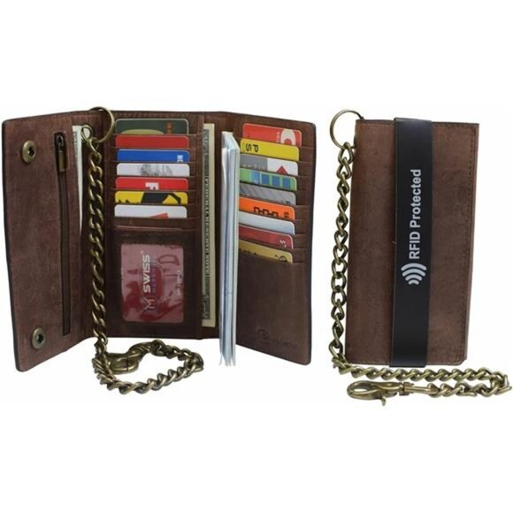 Men's RFID Signal Blocking Biker's Vintage Leather Long Tri-fold Chain Wallet - Picture 4 of 7